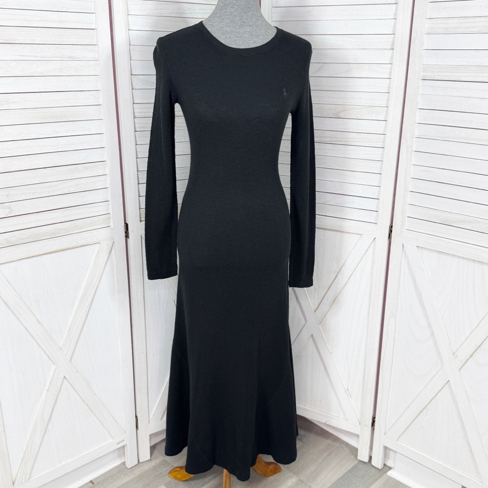 Polo Ralph Lauren Waffle Knit Long Sleeve Maxi Dress Black Flared Hem Small